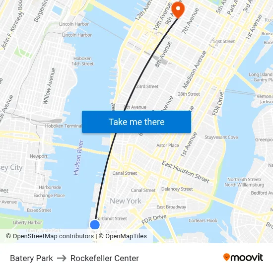 Batery Park to Rockefeller Center map
