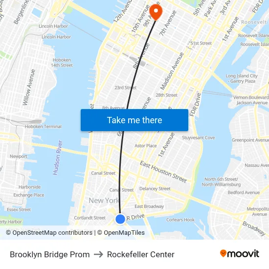 Brooklyn Bridge Prom to Rockefeller Center map
