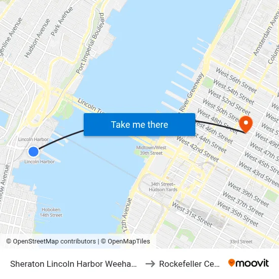 Sheraton Lincoln Harbor Weehawken to Rockefeller Center map