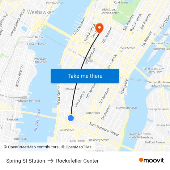 Spring St Station to Rockefeller Center map