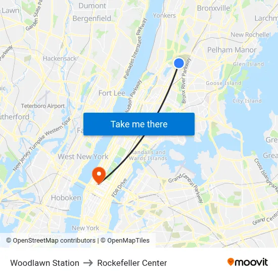 Woodlawn Station to Rockefeller Center map