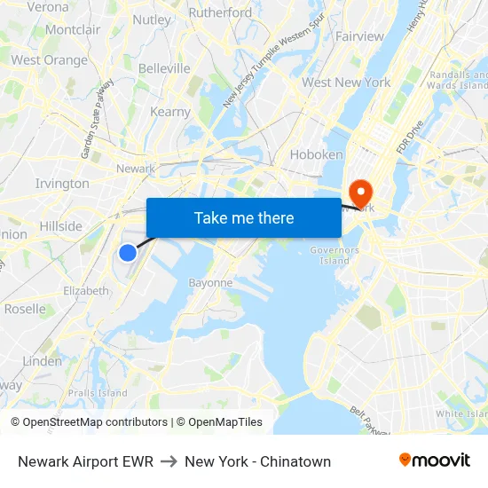 Newark Airport EWR to New York - Chinatown map