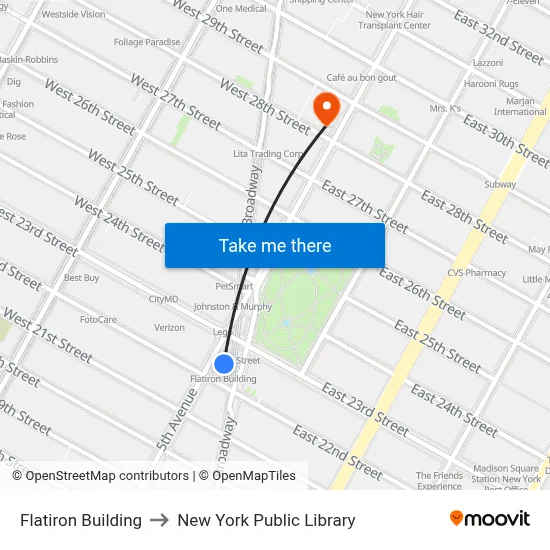 Flatiron Building to New York Public Library map
