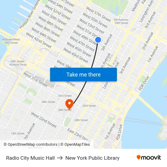 Radio City Music Hall to New York Public Library map