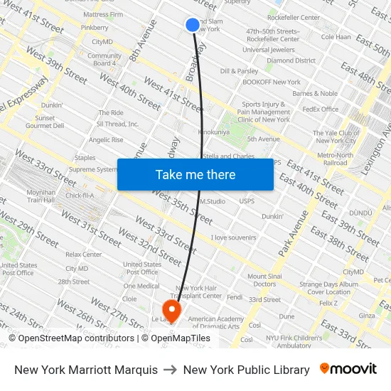 New York Marriott Marquis to New York Public Library map