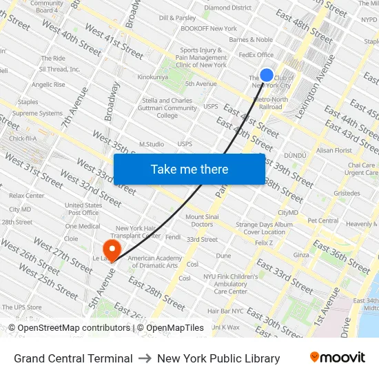 Grand Central Terminal to New York Public Library map