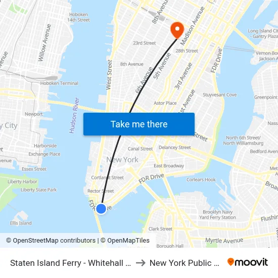 Staten Island Ferry - Whitehall Terminal to New York Public Library map