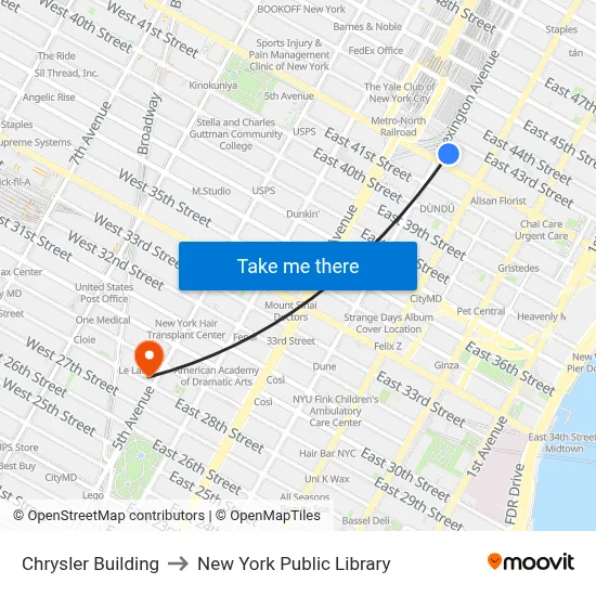 Chrysler Building to New York Public Library map