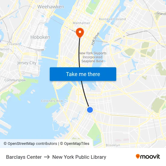 Barclays Center to New York Public Library map