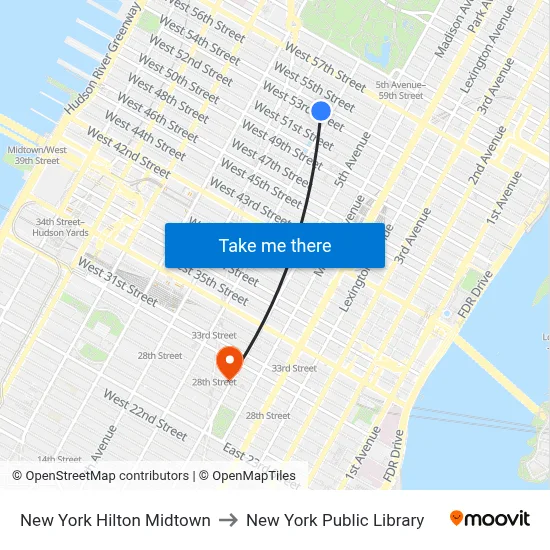 New York Hilton Midtown to New York Public Library map