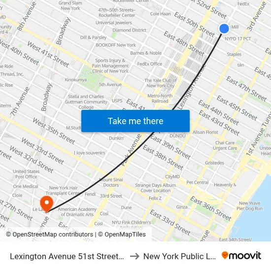 Lexington Avenue 51st Street Station to New York Public Library map