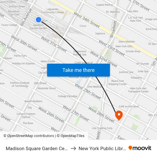 Madison Square Garden Center to New York Public Library map