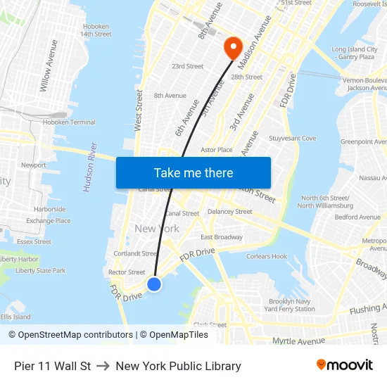 Pier 11 Wall St to New York Public Library map