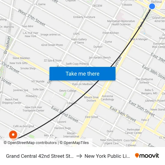 Grand Central 42nd Street Station to New York Public Library map