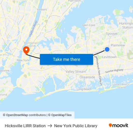 Hicksville LIRR Station to New York Public Library map
