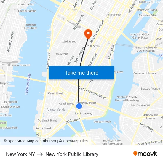 New York NY to New York Public Library map