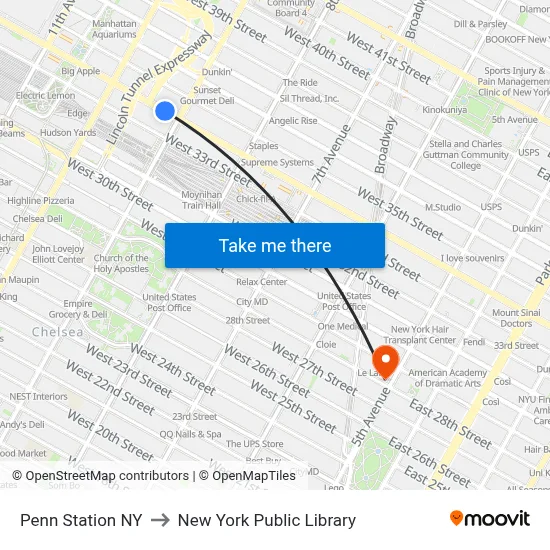 Penn Station NY to New York Public Library map