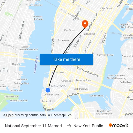 National September 11 Memorial Museum to New York Public Library map