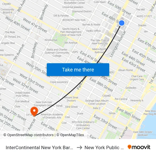 InterContinental New York Barclay Hotel to New York Public Library map