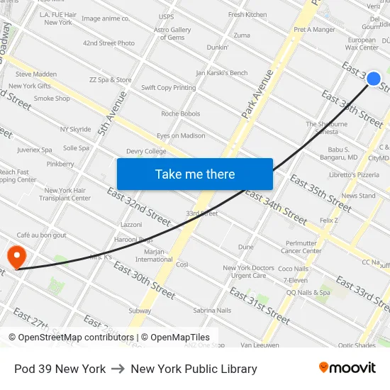 Pod 39 New York to New York Public Library map