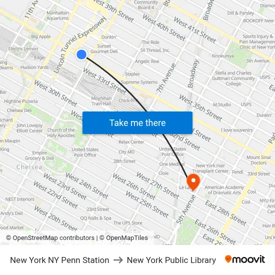 New York NY Penn Station to New York Public Library map
