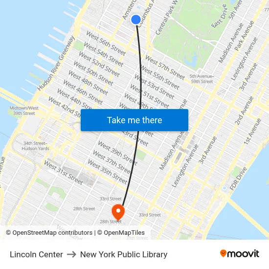 Lincoln Center to New York Public Library map