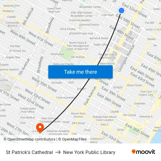 St Patrick's Cathedral to New York Public Library map