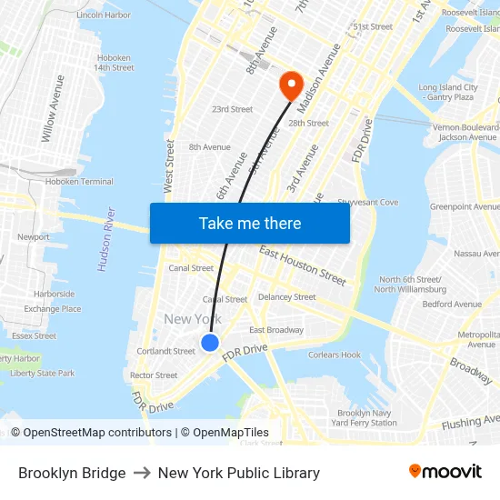 Brooklyn Bridge to New York Public Library map