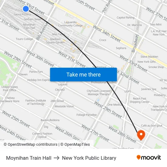 Moynihan Train Hall to New York Public Library map