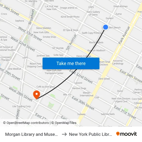 Morgan Library and Museum to New York Public Library map