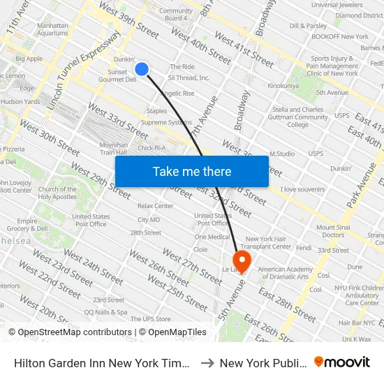 Hilton Garden Inn New York Times Square South to New York Public Library map