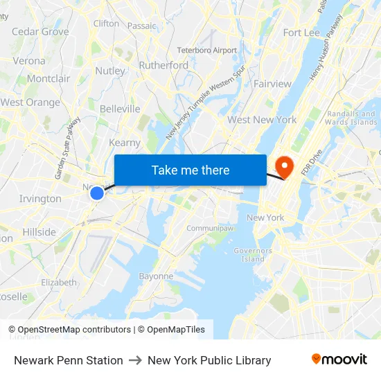 Newark Penn Station to New York Public Library map