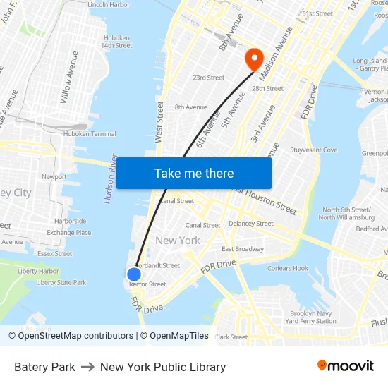 Batery Park to New York Public Library map