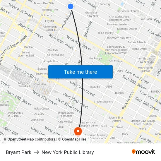 Bryant Park to New York Public Library map