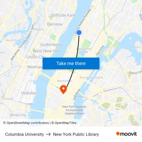 Columbia University to New York Public Library map