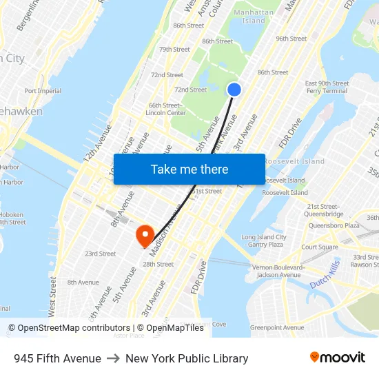 945 Fifth Avenue to New York Public Library map