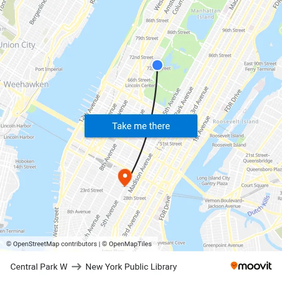 Central Park W to New York Public Library map
