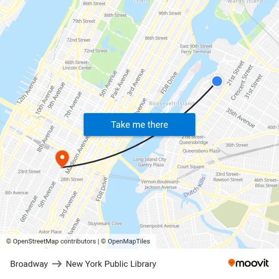 Broadway to New York Public Library map