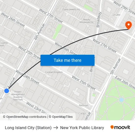 Long Island City (Station) to New York Public Library map