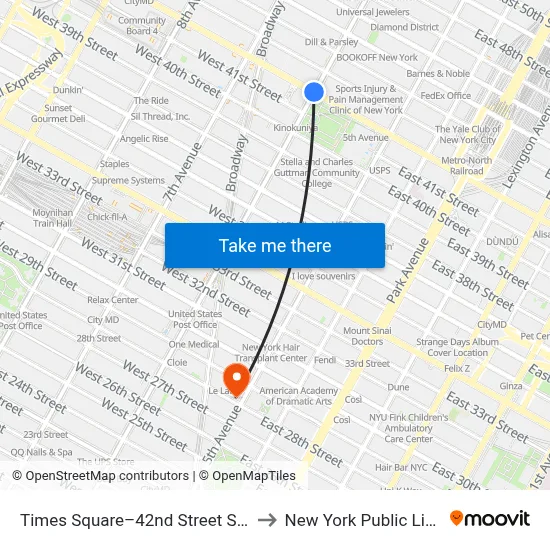 Times Square–42nd Street Station to New York Public Library map