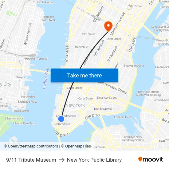 9/11 Tribute Museum to New York Public Library map
