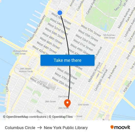 Columbus Circle to New York Public Library map