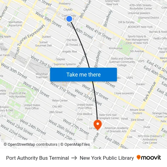 Port Authority Bus Terminal to New York Public Library map