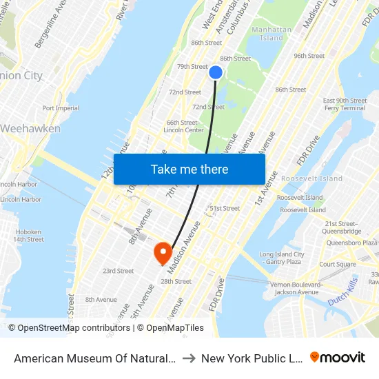 American Museum Of Natural History to New York Public Library map