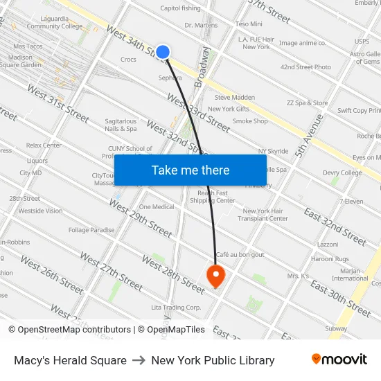 Macy's Herald Square to New York Public Library map
