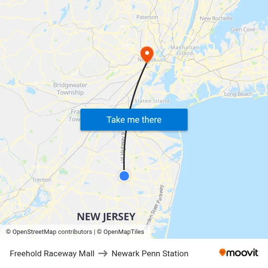 Freehold Raceway Mall to Newark Penn Station map