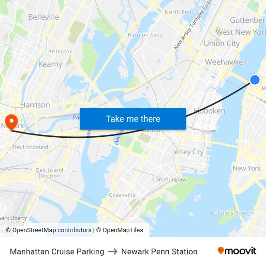 Manhattan Cruise Parking to Newark Penn Station map