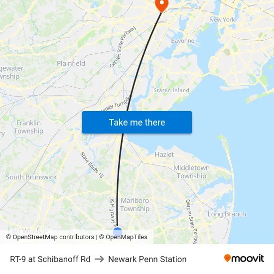 RT-9 at Schibanoff Rd to Newark Penn Station map