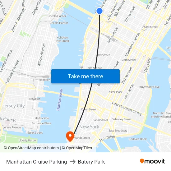 Manhattan Cruise Parking to Batery Park map
