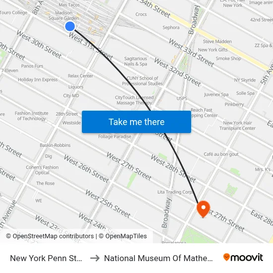 New York Penn Station to National Museum Of Mathematics map